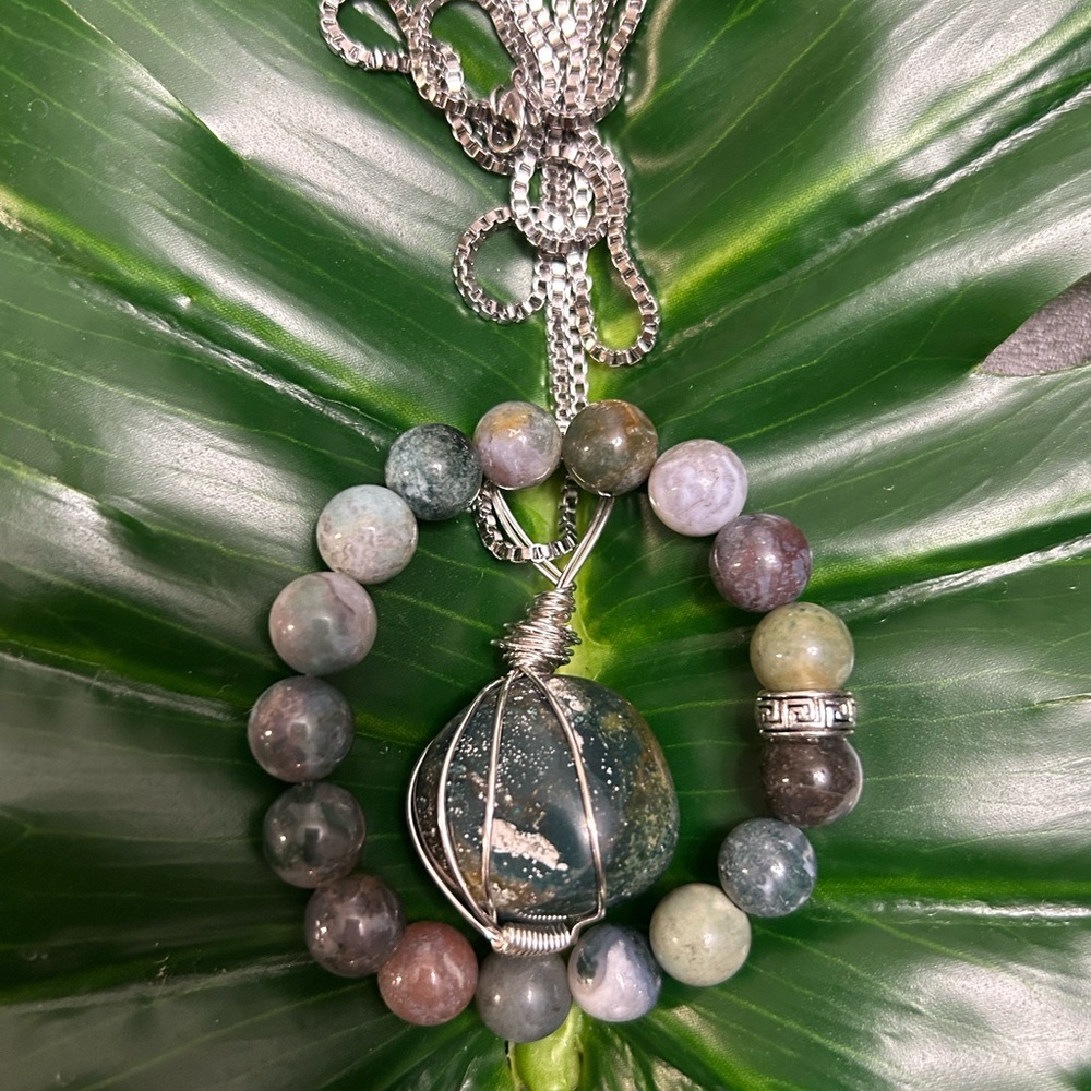 OCEAN JASPER GORGEOUS chunky wire wrapped crystal pendant & chunky bracelet